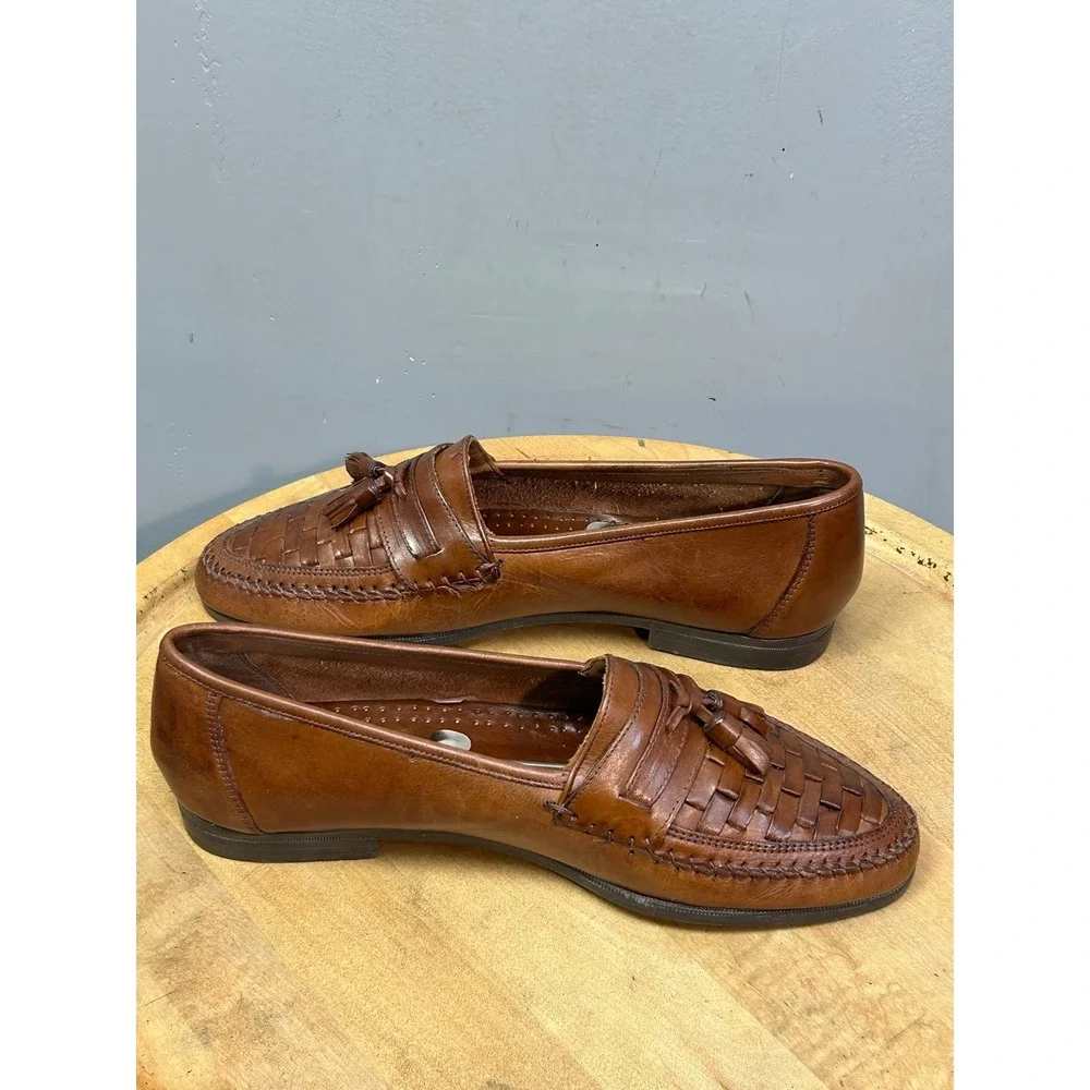 Oleg Cassini Loafers Mens 9.5 Brown Woven Tassel Leather Dress Shoes Office